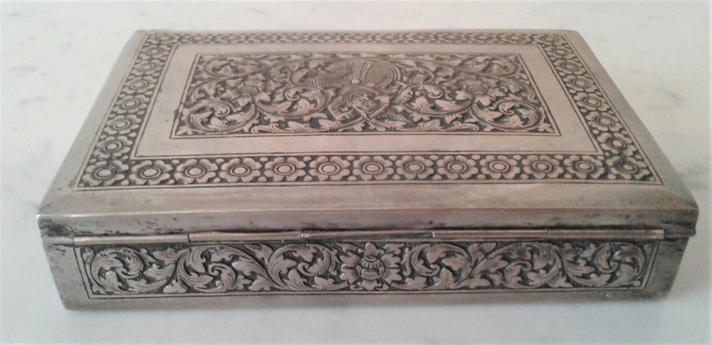 Antique Engraved Repousse Cambodian? Dancer Solid 900 Silver Box - Beautiful!
