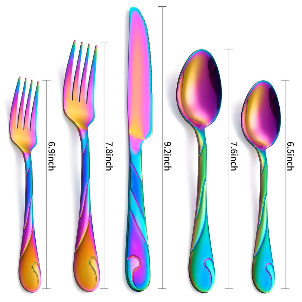 Rainbow Silverware Set for 6, 30-Piece Stainless Steel Flatware Set, Shiny Ra...