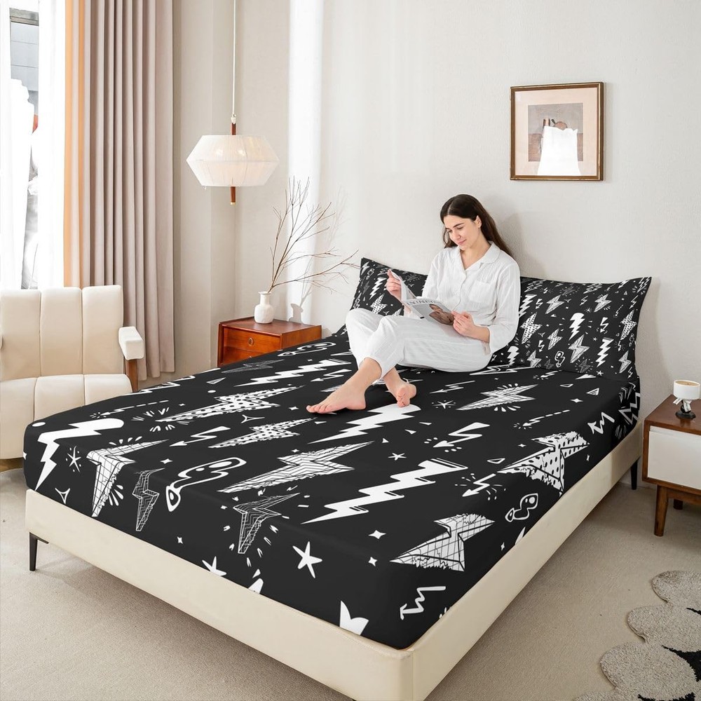 Lightning Fitted Sheet Hand Drawn Doodle Lightning Bolt Bedding Set 2pcs for ...