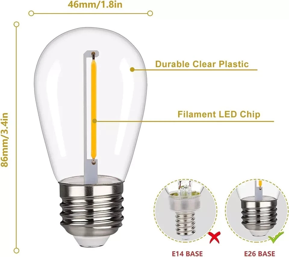 Waterproof S14 LED Light Bulbs Outdoor String Lights Replacement E26 Base 15Pack