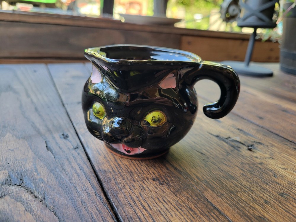Vintage Black Cat Pitcher Handpainted