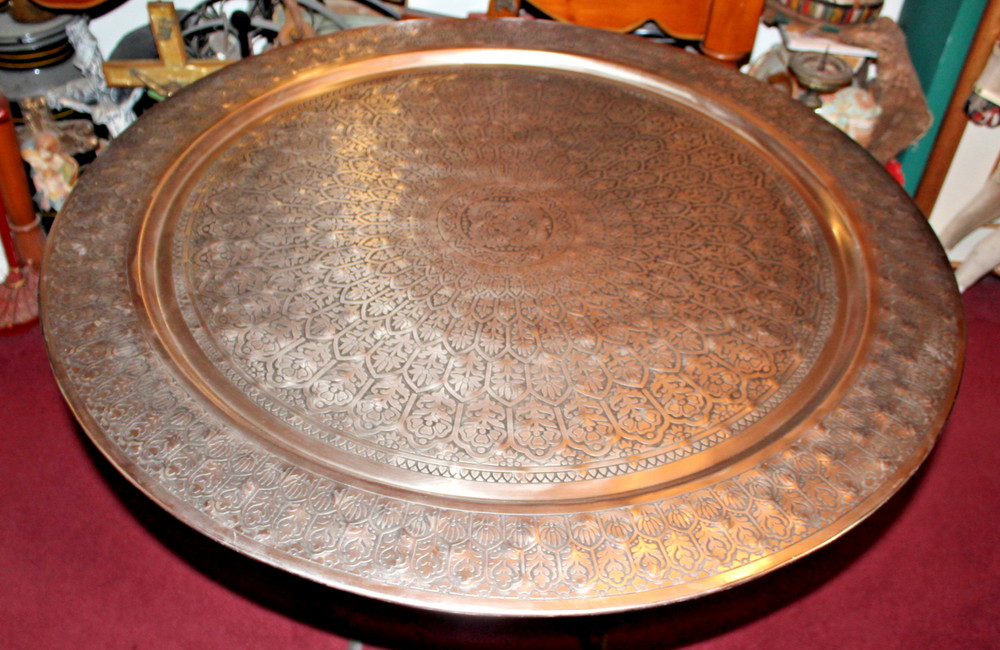 HUGE Arabic Middle Eastern Silver Metal Circular Table Top Wall Decor Engraved