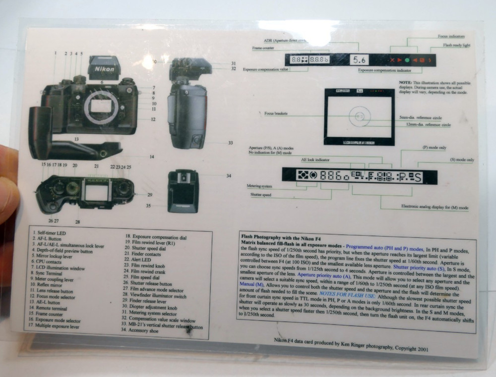Nikon F4 Quick Data Card - quick reference for flash photography, vintage