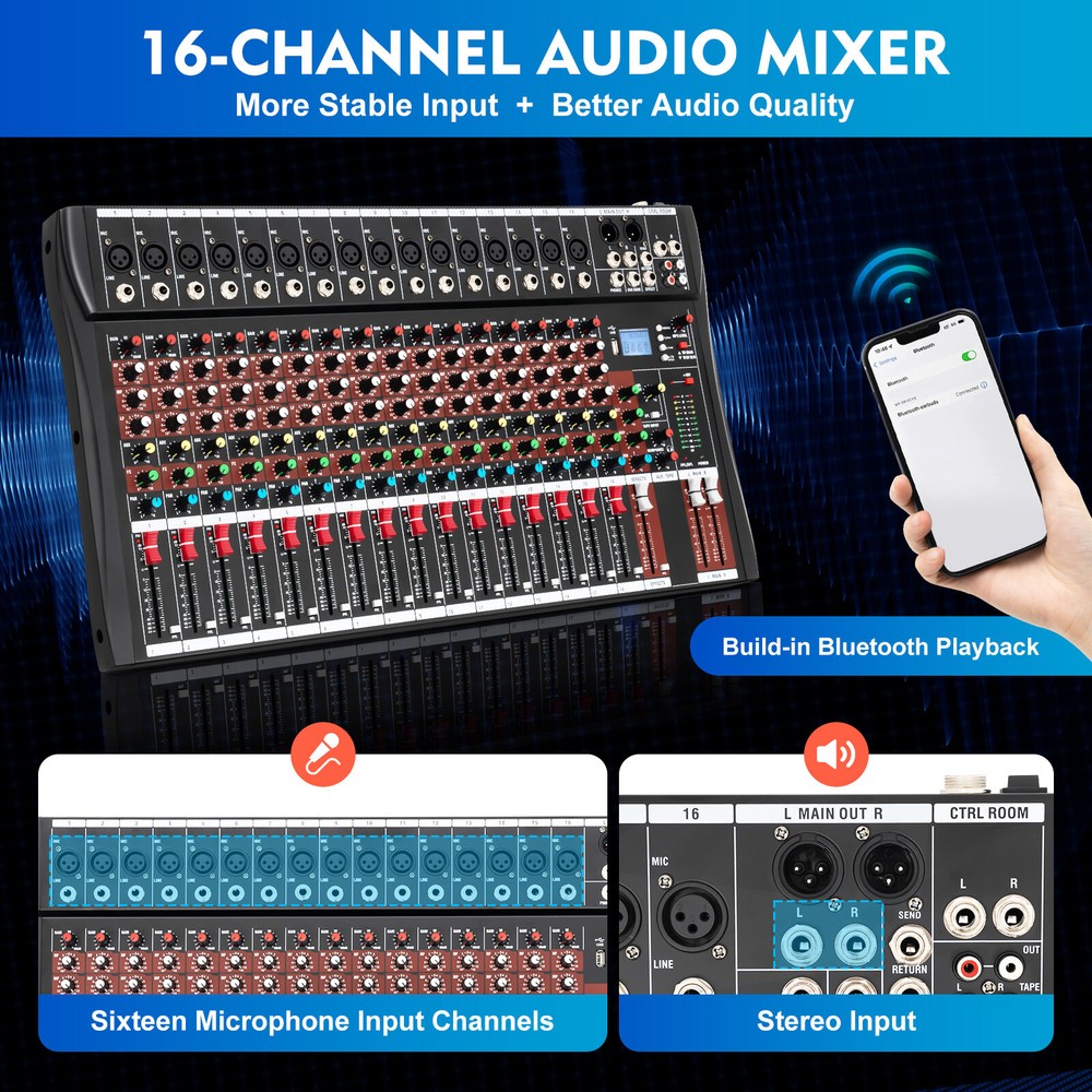 16-Channel Professional Mixer with Bluetooth, DSP & USB Connectivity