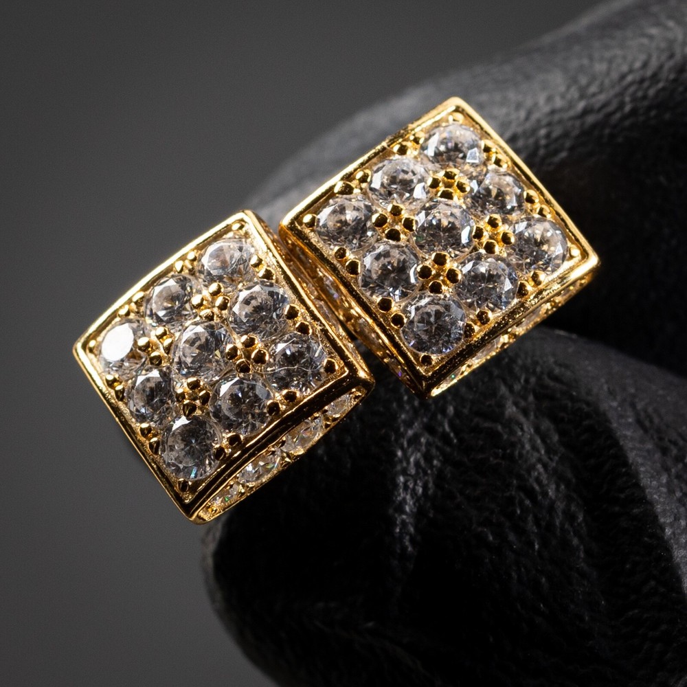 Gold Plated Men's Sterling Silver Square Iced Pointer Stud Screw Back Earrings