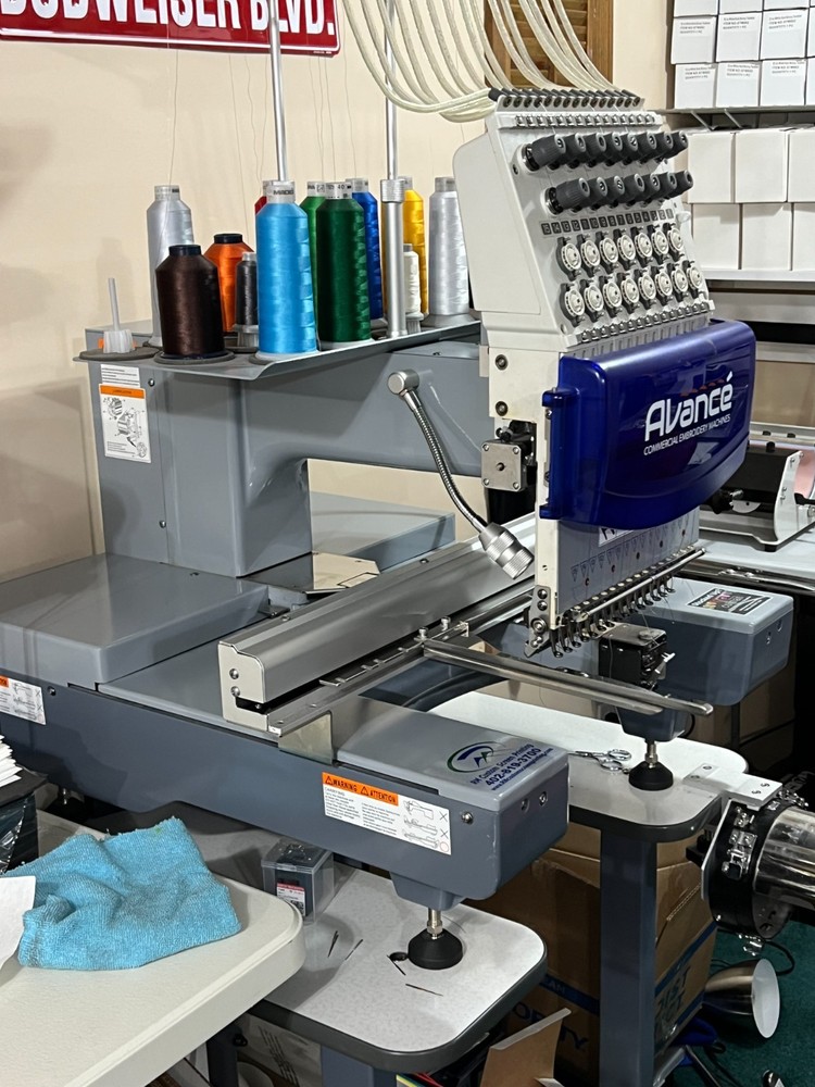 Avancé 1501 15-Needle Commercial Embroidery Machine + Stand + Cap Frames + Hoops
