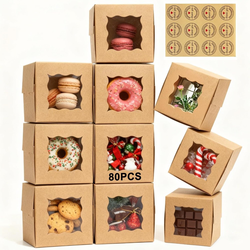 80 Pack Cookie Boxes with Window, 4x4x2.5 Inch Kraft Bakery Boxes for Treats,...