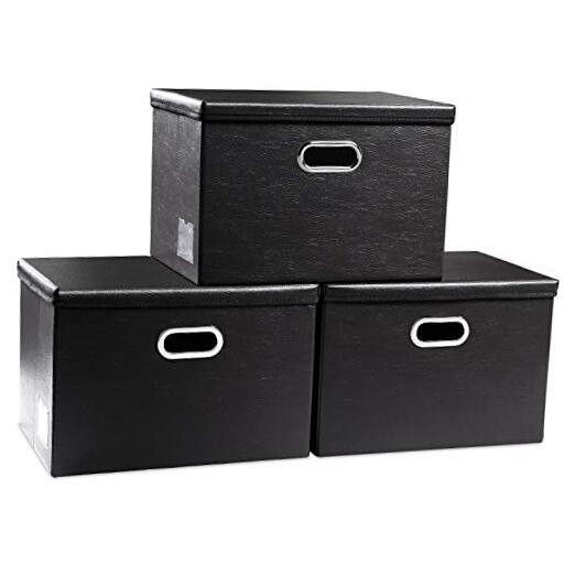Large Foldable Storage Bins with Lids [3-Pack] Leather Large(3-Pack) Black