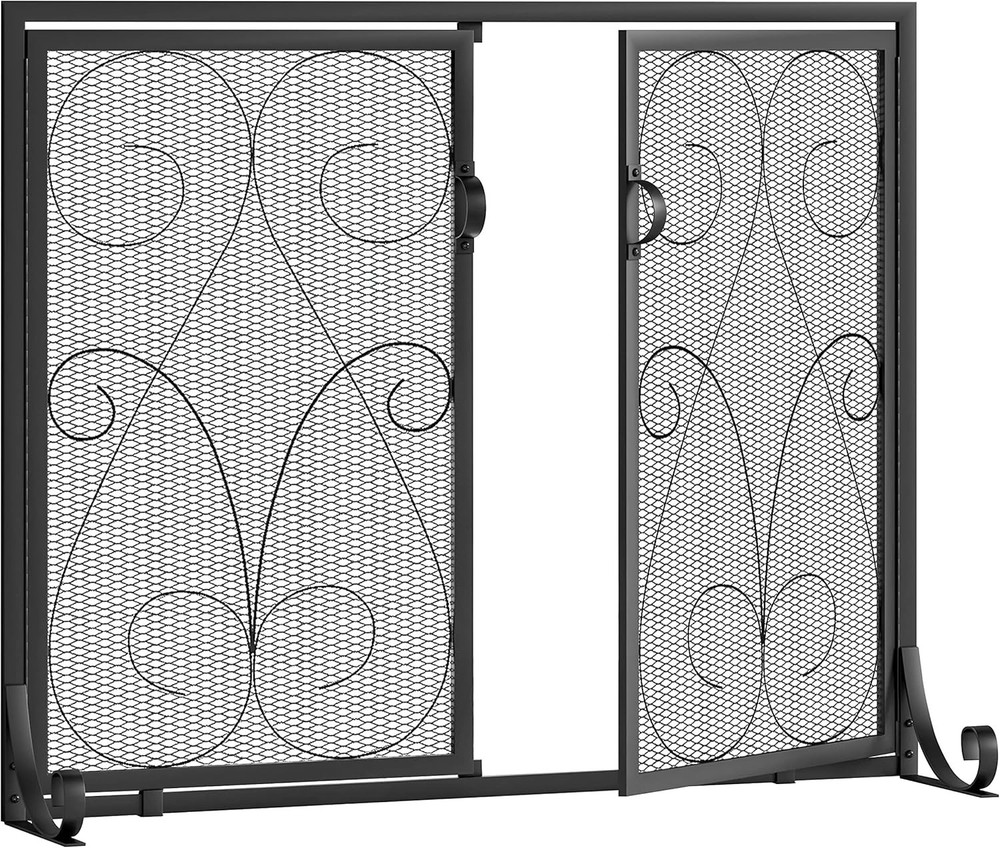 2-Panel Fireplace Screen W/ Doors Handcrafted Wrought Iron Decorative Mesh