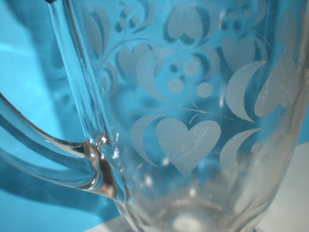 Pitcher Etched Heart & Crescent Moon Footed Antique vtg
