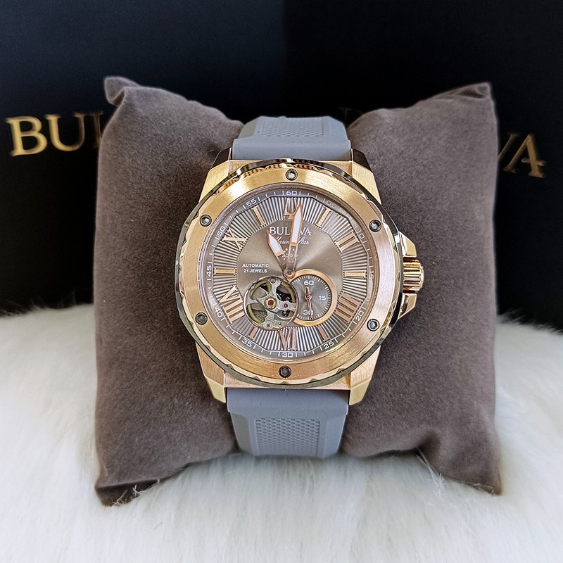 Bulova Marine Star Rose Gold Dial Grey Rubber Strap Men's Automatic Watch 98A228