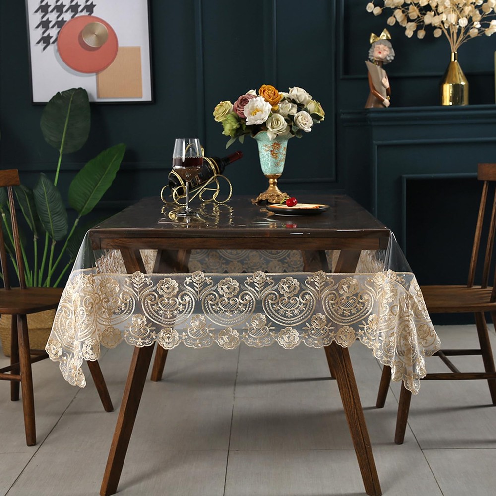 Clear Plastic Tablecloth Waterproof Rectangle Vinyl Table Cloth with Embroide...