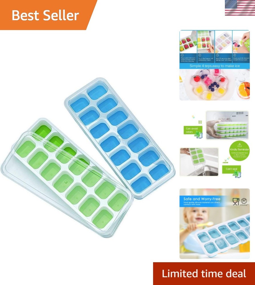 Durable Silicone Ice Cube Trays, Easy Release with Spill-Proof Lids - 2 Pack