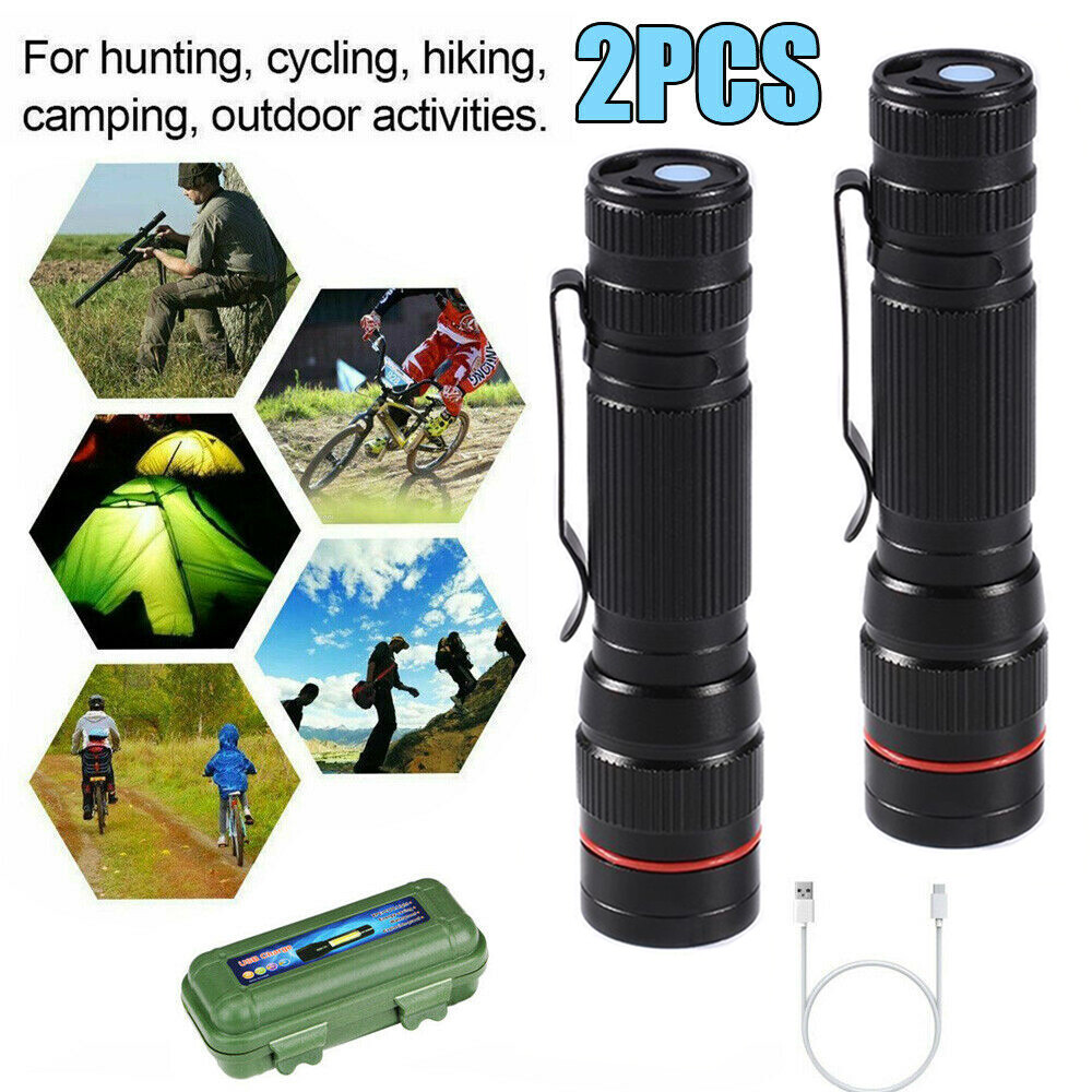 2PCS Mini Portable USB Rechargeable LED Flashlight 3 Modes Torch Lamp +USB Cable