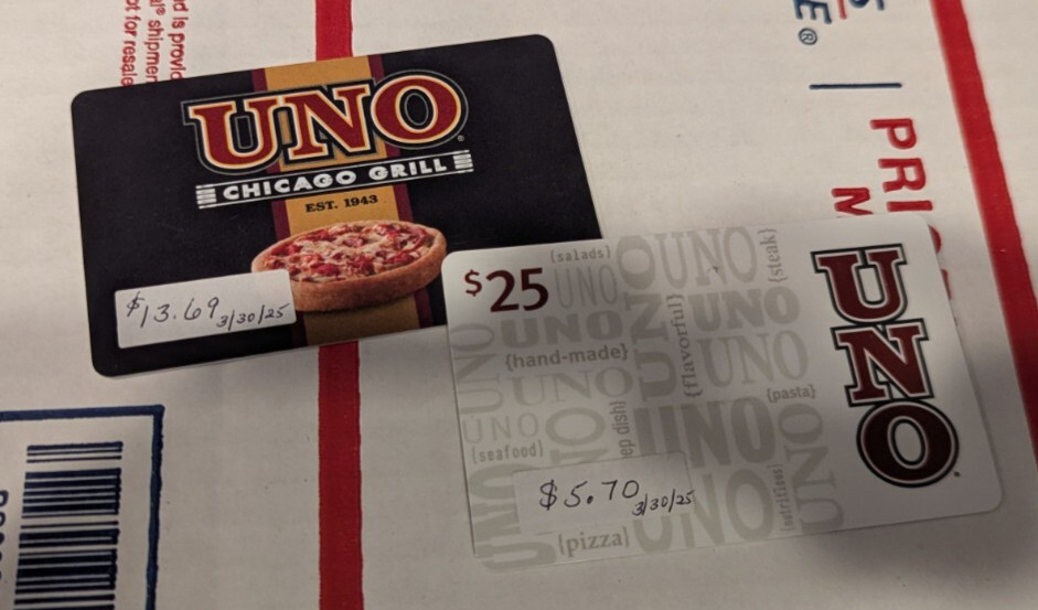 UNO UNO's Gift Cards $19.39 Total