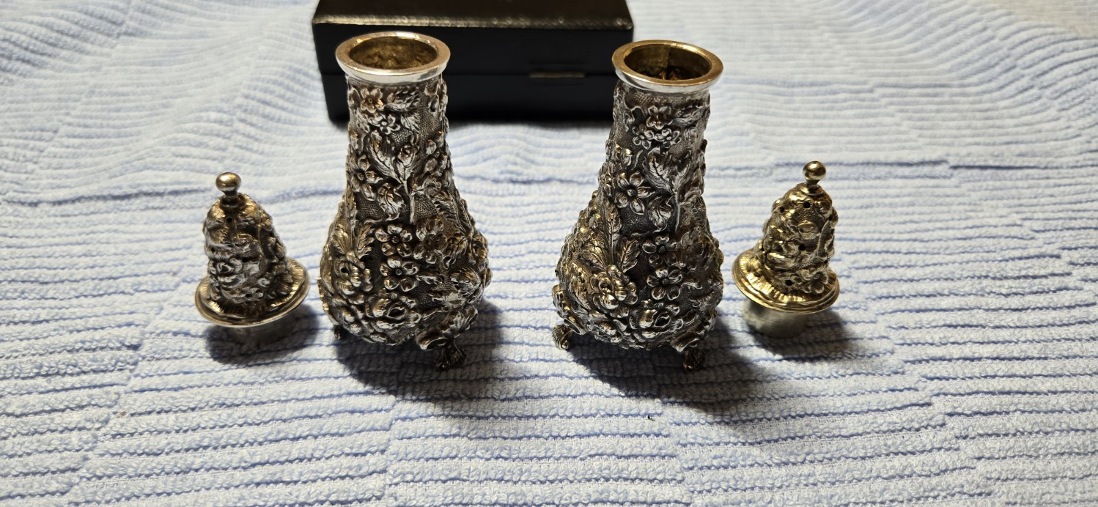 Antique Stieff Repousse Sterling Silver Footed Salt & Pepper Shakers