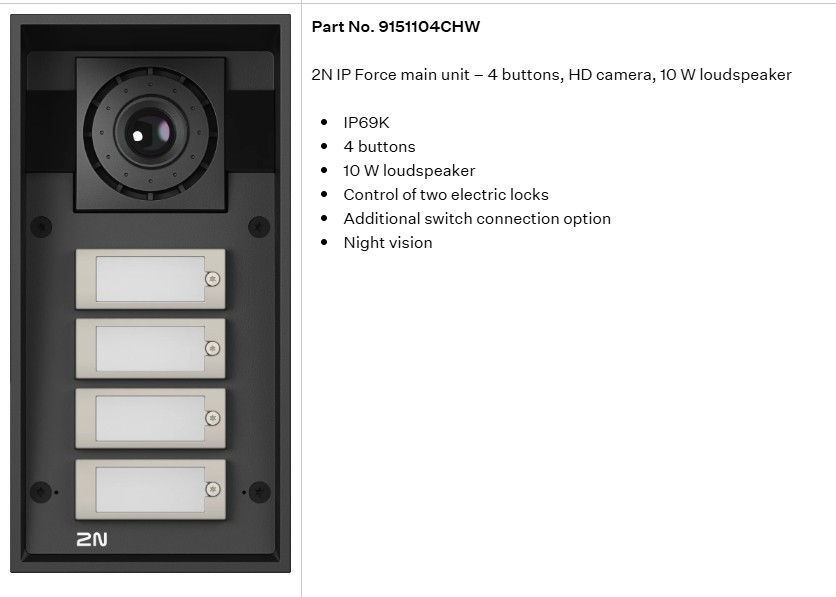 2N Helios IP Force IP69K Intercom 4 Buttons HD Camera 10W Speaker