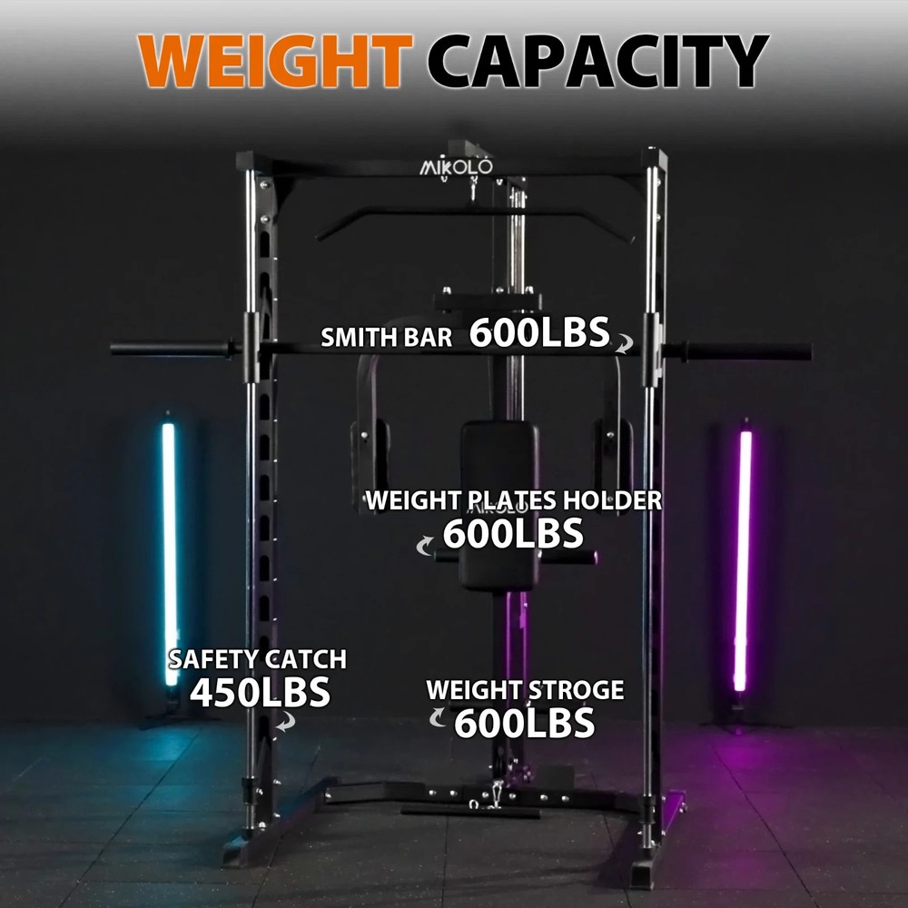Smith Machine Home Gym Power Rack w/ Pec Deck Lat Pulldown & Low Row
