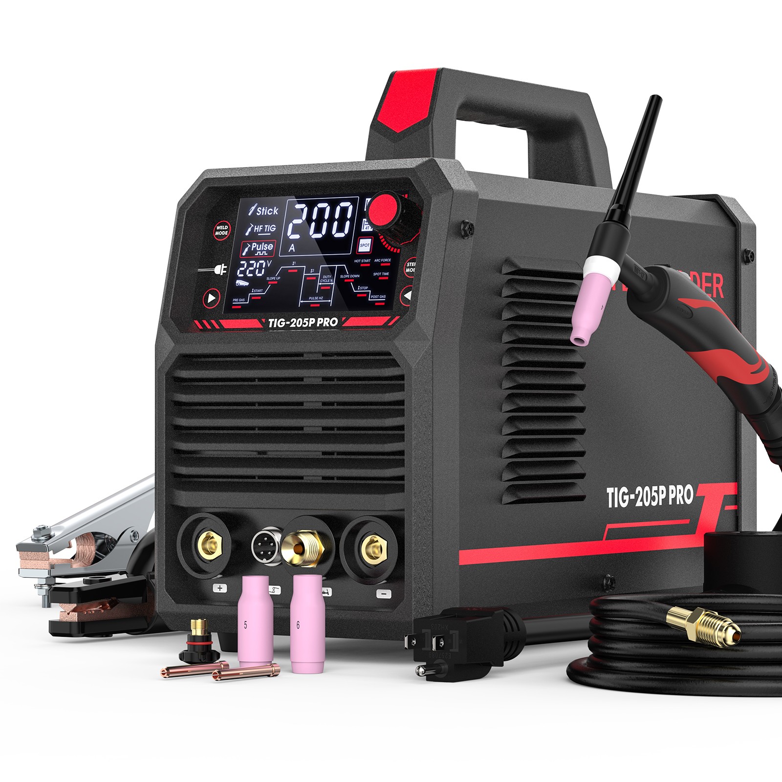 TIG Welder With Pulse 205Amp Large LED Display, STICK/DC TIG/PULSE TIG 3 In 1