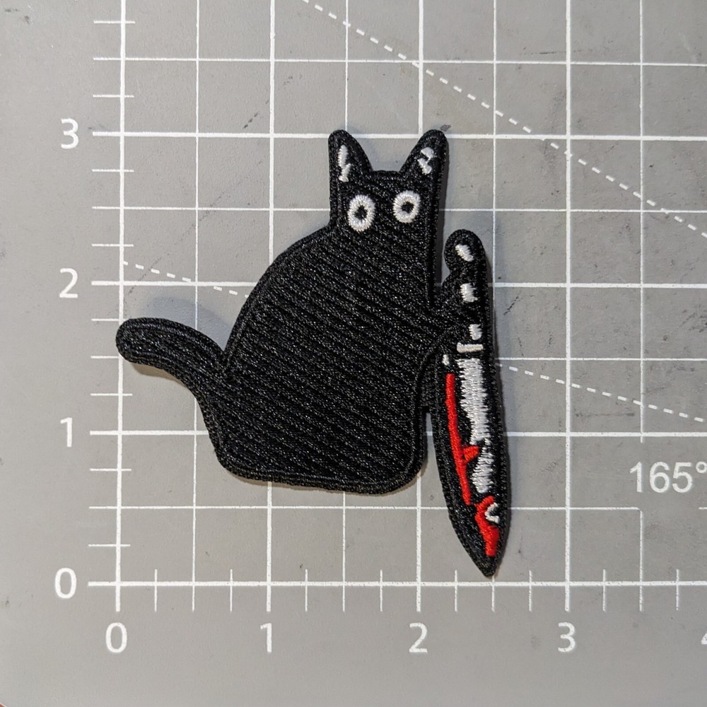Scaredy Black Cat Patch with Bloody Dagger Embroidered Iron On Patch 3x2.5"