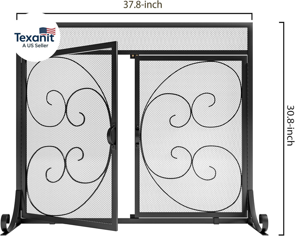 Flat Fireplace Screen with Hinged Doors Handcrafted Wrought Iron Classical Scrol