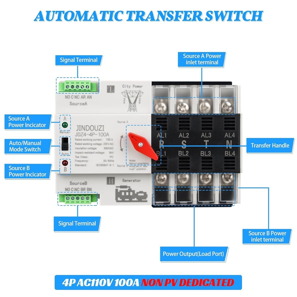 100A Automatic Transfer Switch,220V Generator Transfer Switch,Millisecond Level
