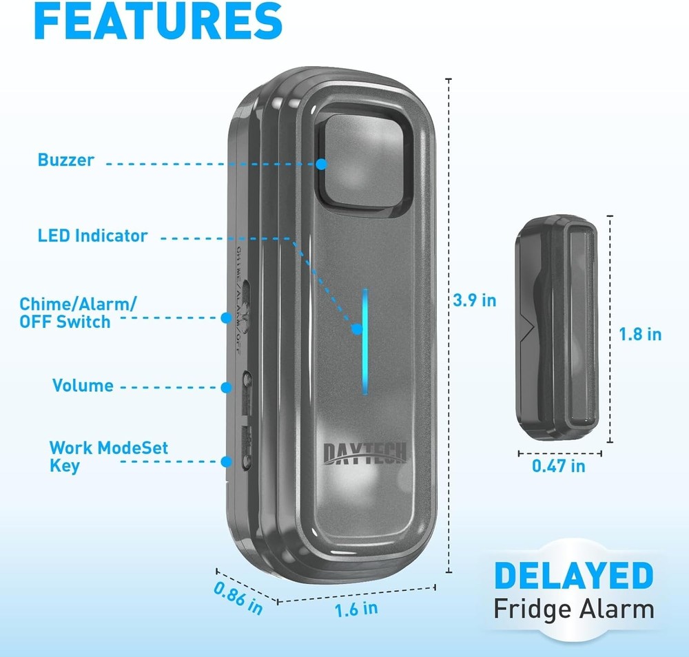 Daytech Refrigerator & Freezer Door Alarm - Adjustable 1-4 2 Pack, Grey