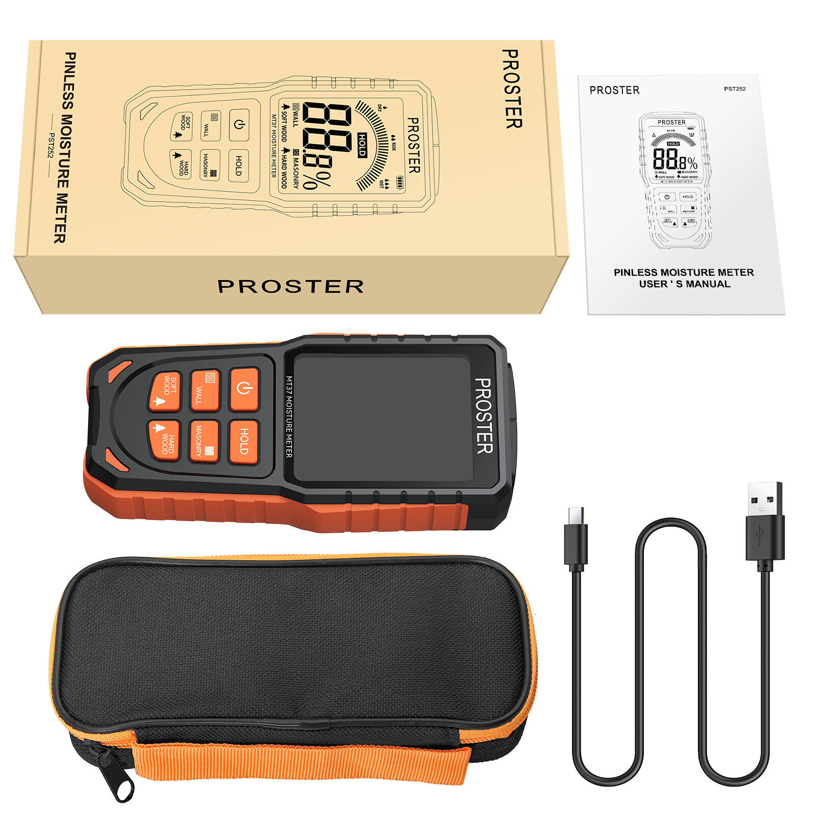 PROSTER Wood Moisture Meter Rechargeable Pinless Humidity Tester Wall Firewood