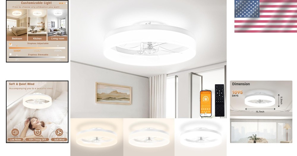 Flush Mount Ceiling Fan Light White - 3200LM Dimmable LED, 6 Speeds, App Control