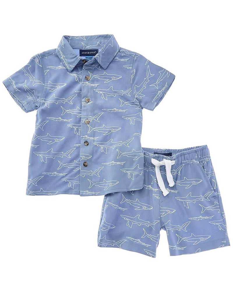 Andy & Evan 2Pc Shark Print Matching Button-Down Short Set Blue 9/12M