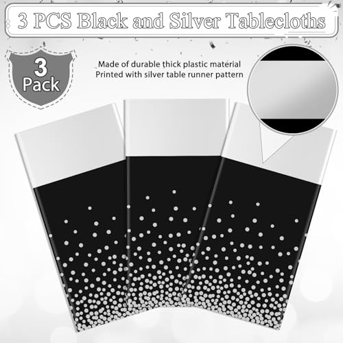 3Pcs Black and Silver Tablecloth Party Decorations,Plastic 3 Pack Black Silver