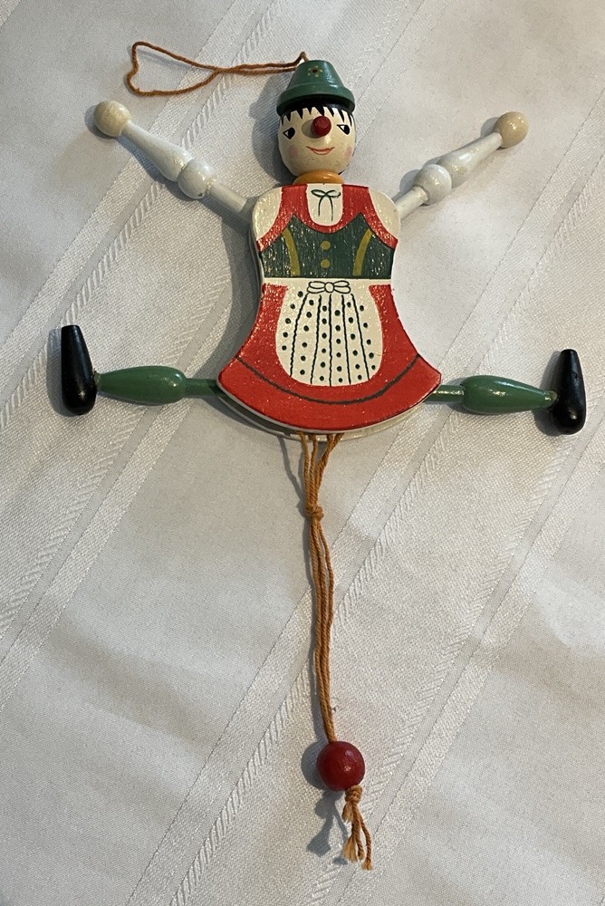 Vintage Austria Wood Jumping Jack Pull String Girl Puppet Toy