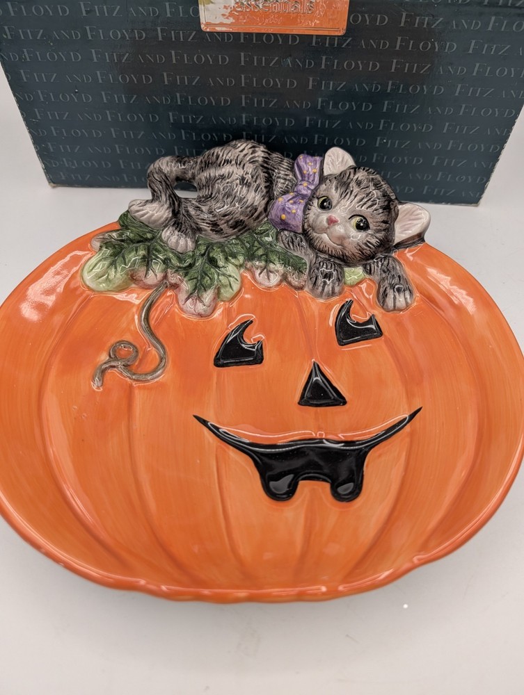 Fitz & Floyd Halloween Jack O Lantern Black Cat Canapé Candy Appetizer Plate