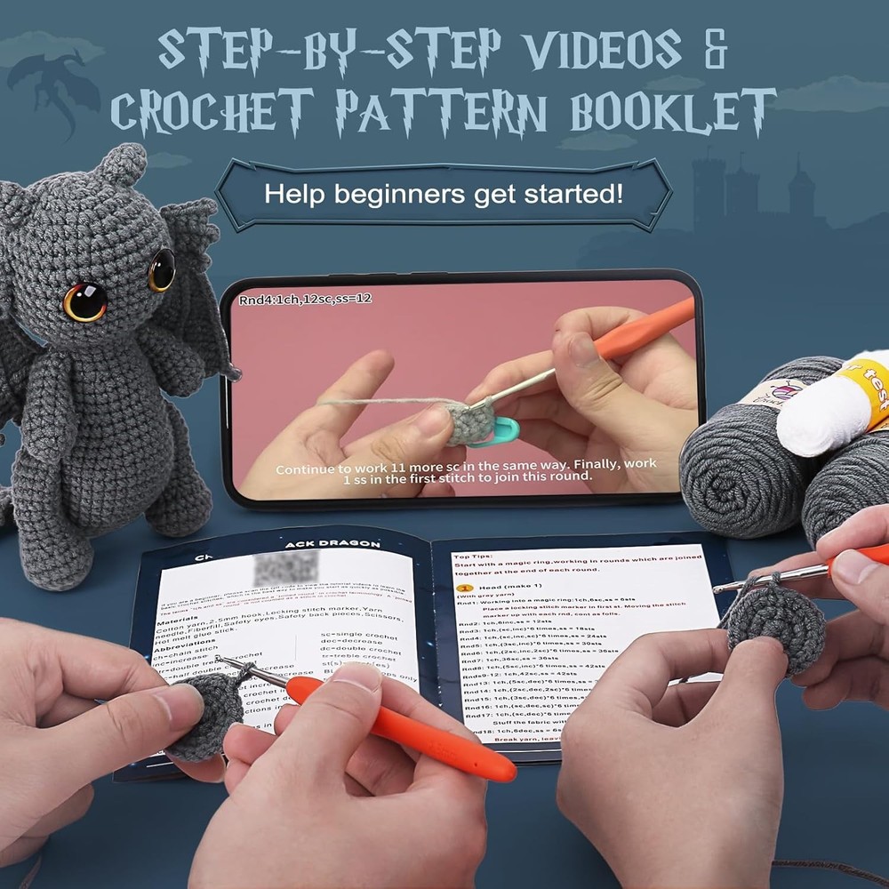 Crochet Kits with Step-by-Step Video Tutorials,Back Dragon 9 inch Christmas Gift