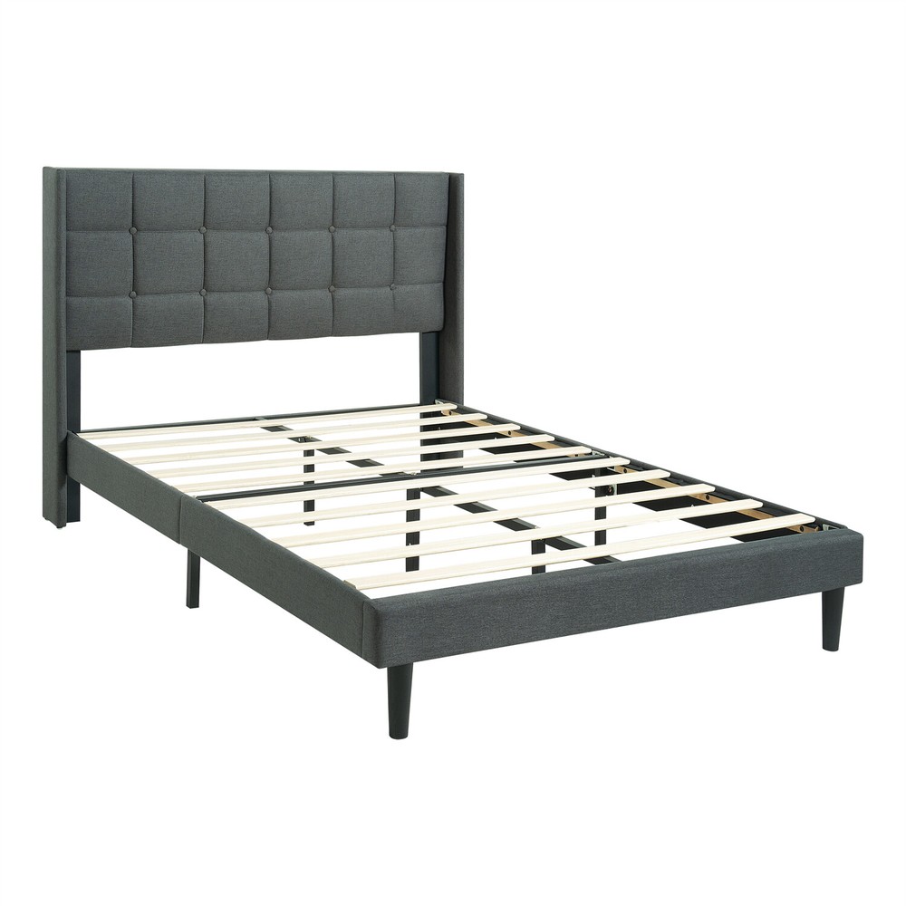 Queen Size Bed Frame Upholstered Platform Bed Frame w/ Headboard Drak Grey