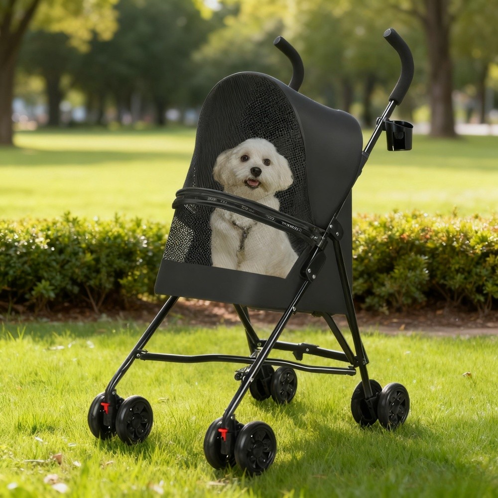 Small Pet Stroller: Foldable, Ventilated, Cup Holder (Black)