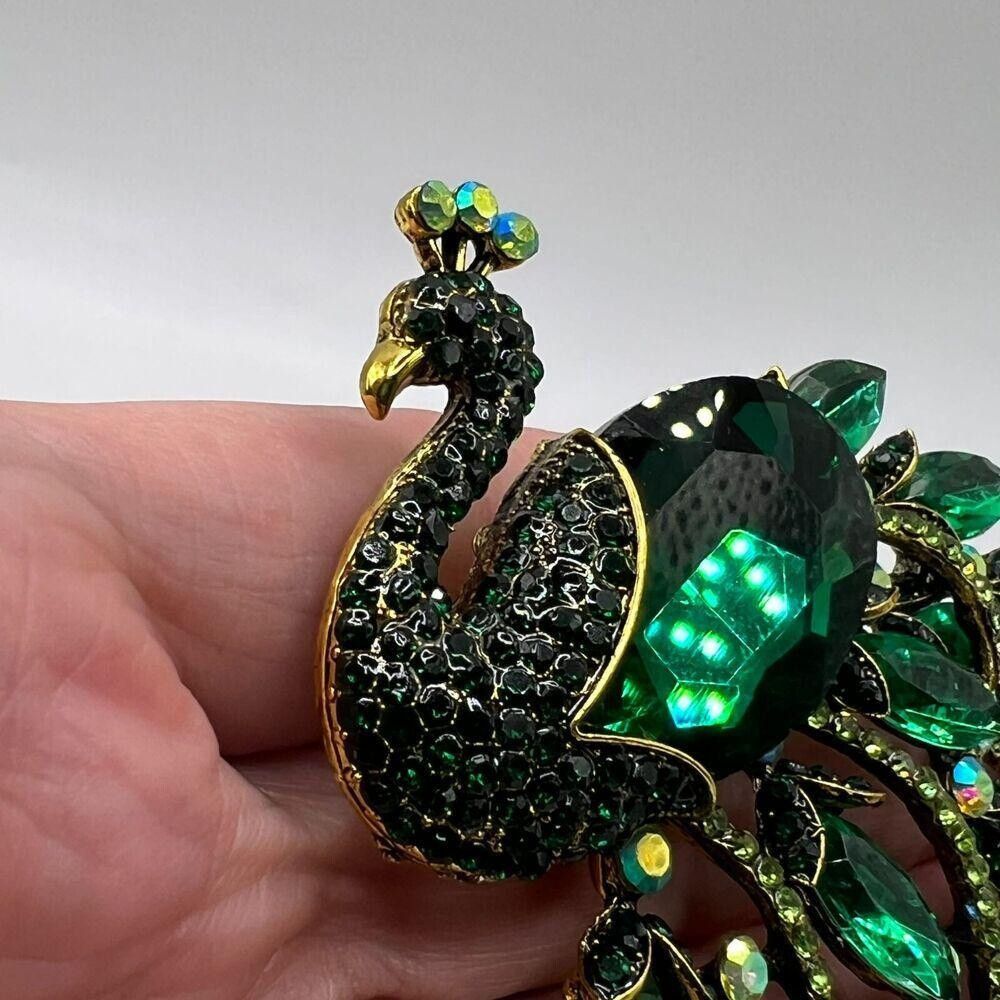 PEACOCK BROOCH Pin Pendant Green Navette Ab Rhinestone Bird Costume Jewelry