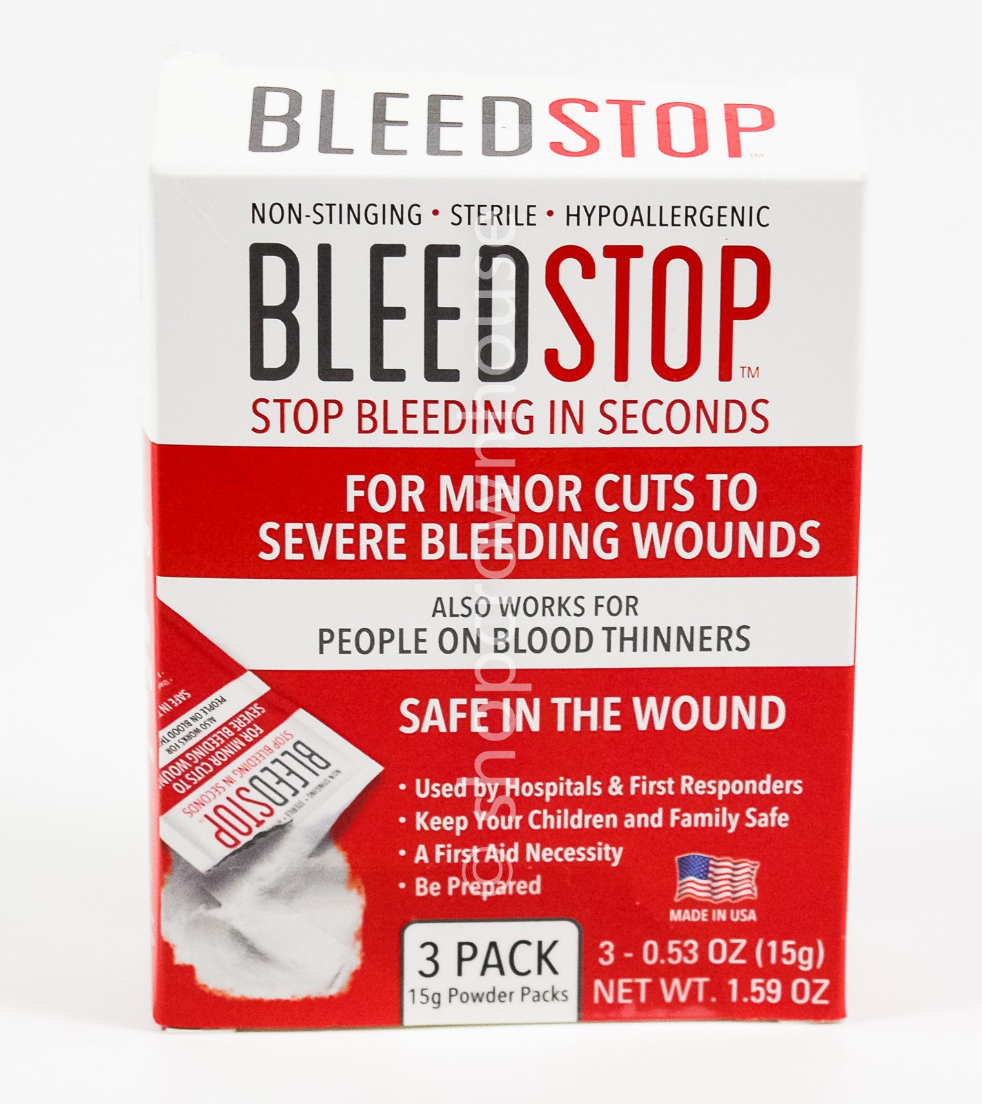 BLEEDSTOP cuts to large wounds 15g POWDER 3 packs Trauma Kit blood clotting 2030