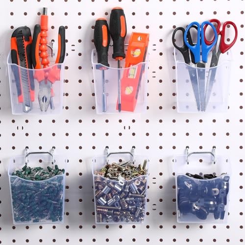 6 Pack Pegboard Bins with Hooks - Translucent Pegboard Organizer Wall