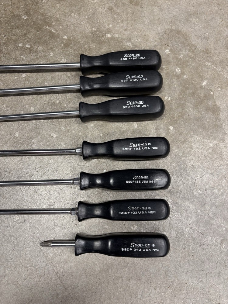 NOS SNAP-ON TOOLS VINTAGE 7pc SSD BLACK LONG Phillips Flathead SCREW DRIVER SET