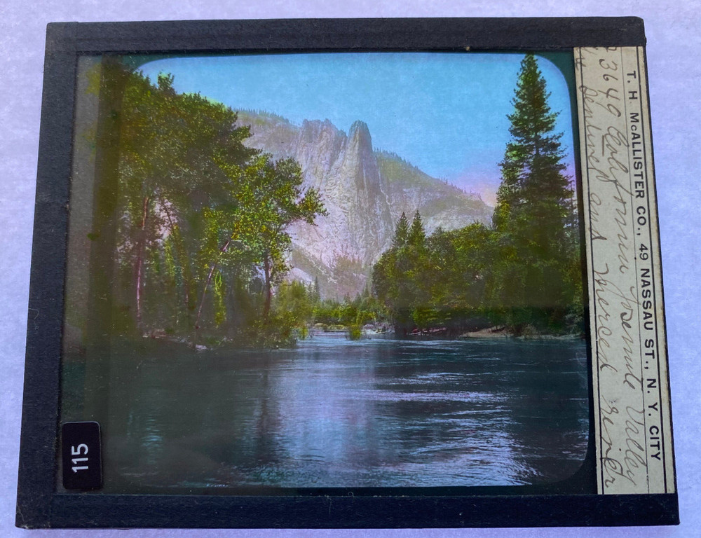 COLORED MAGIC LANTERN SLIDE YOSEMITE SENTINEL & MERCED RIVER 1900s