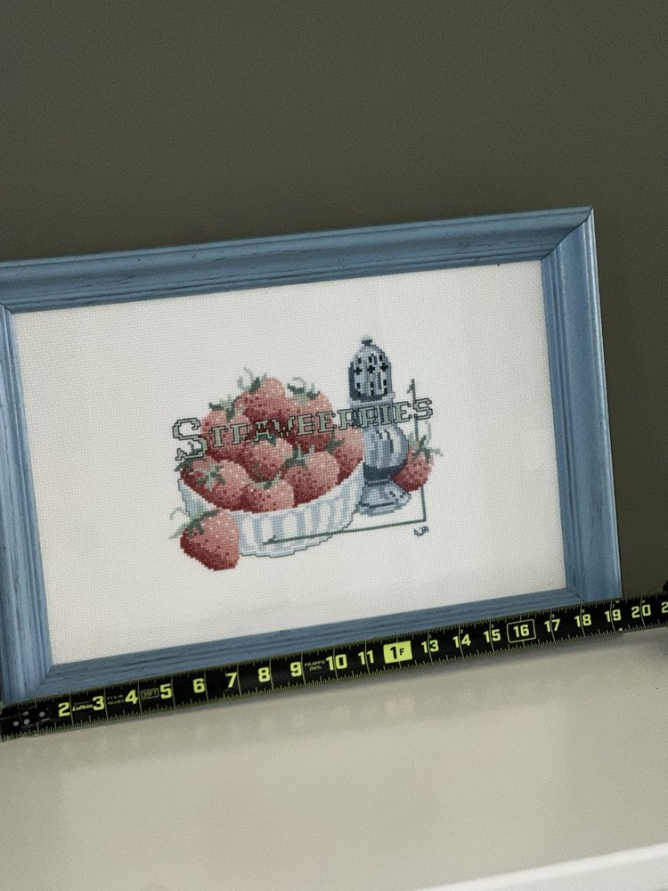 Needlepoint Cross Stitch Bowl Strawberries Complete Framed