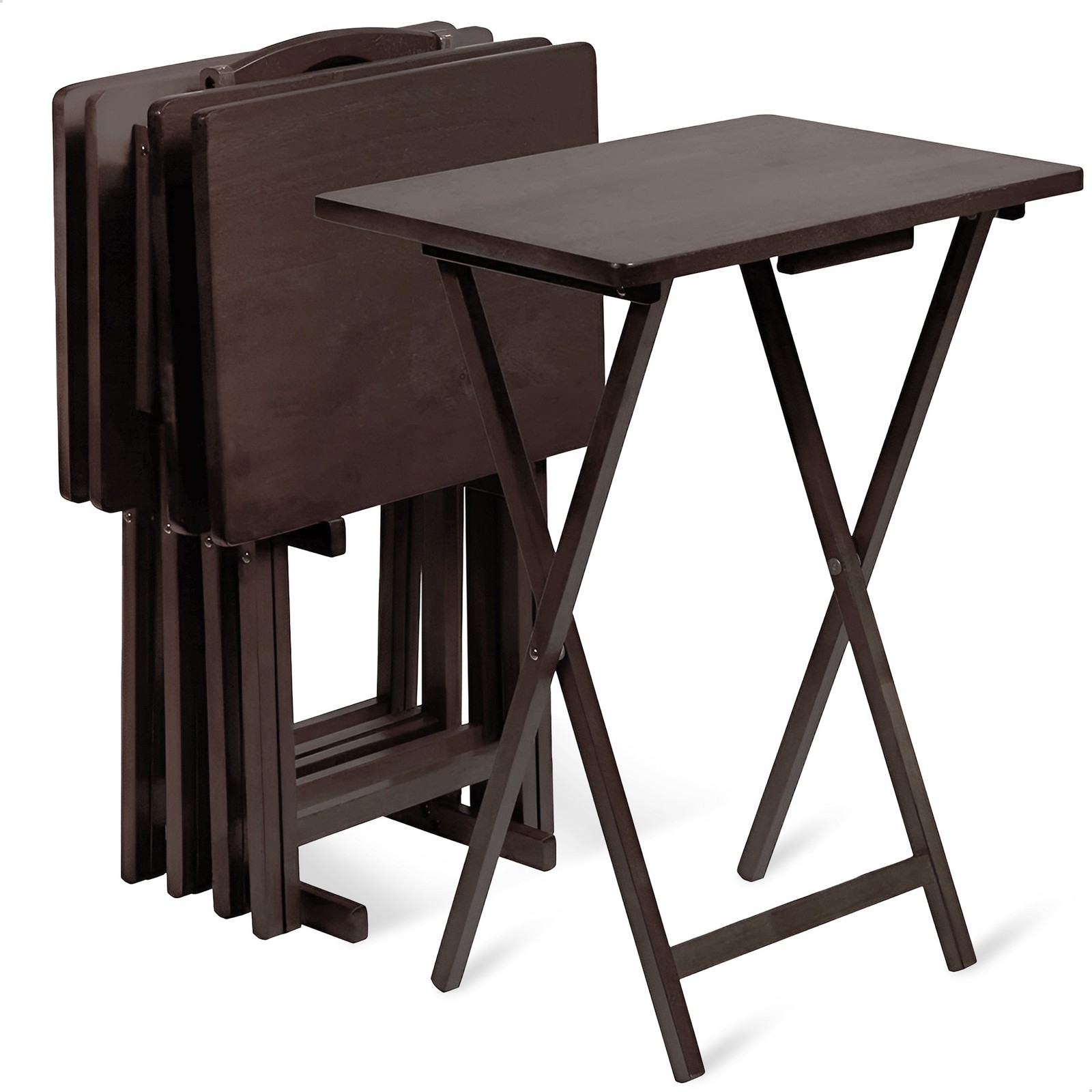 PJ Wood Folding TV Tray Tables with Compact Storage Rack, Espresso, 5 Piece Set