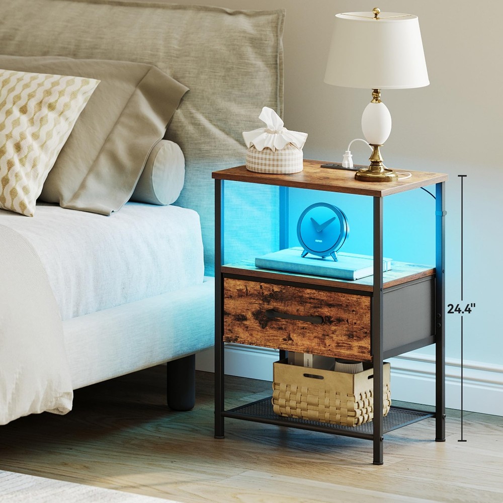 Night Stand Set 2, End Table with Charging Station, LED Bedside Table with Fa...