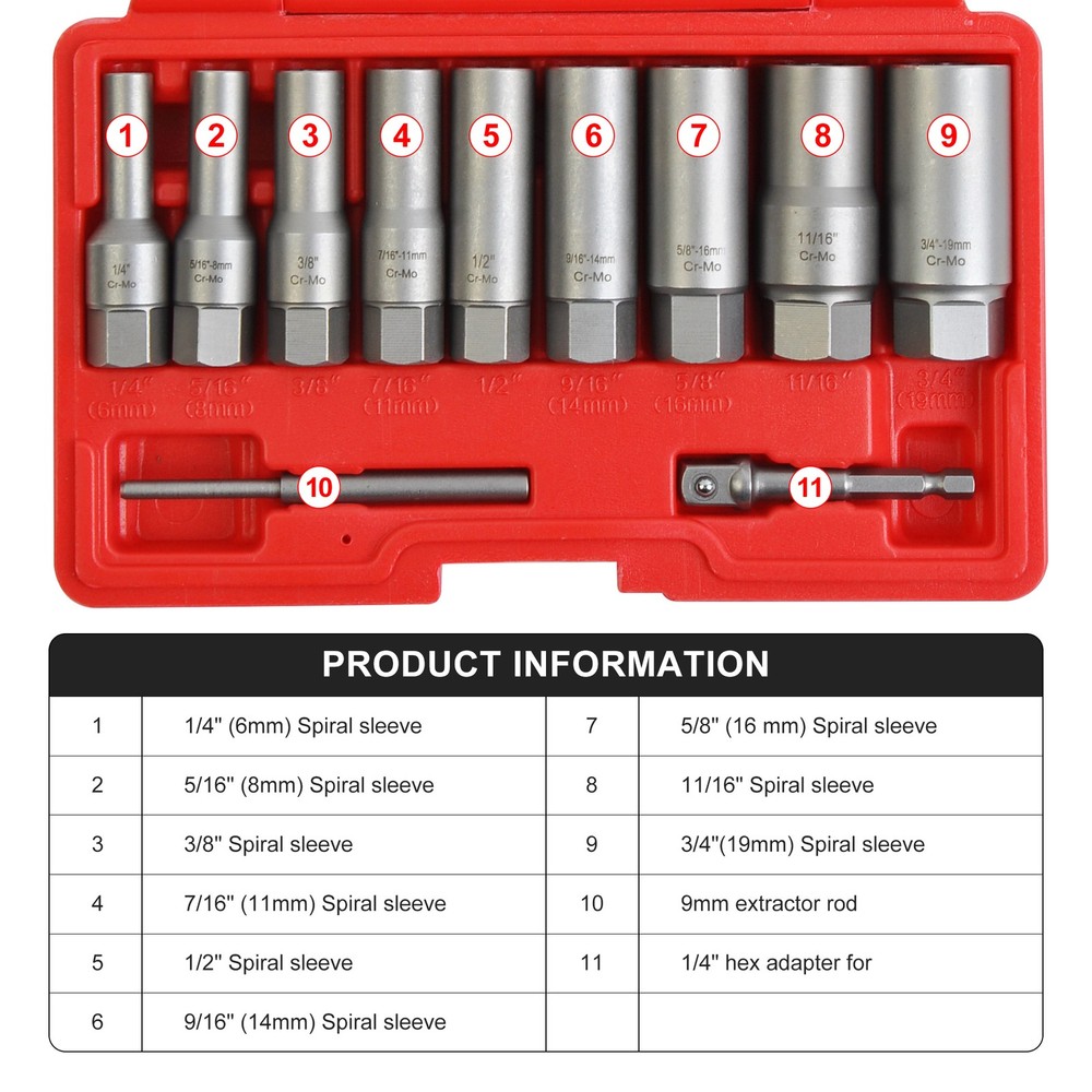 11PCS Spiral Type Bolt Extractor Tool, Broken Lug Nut Bolt Remover Easy-Out Set