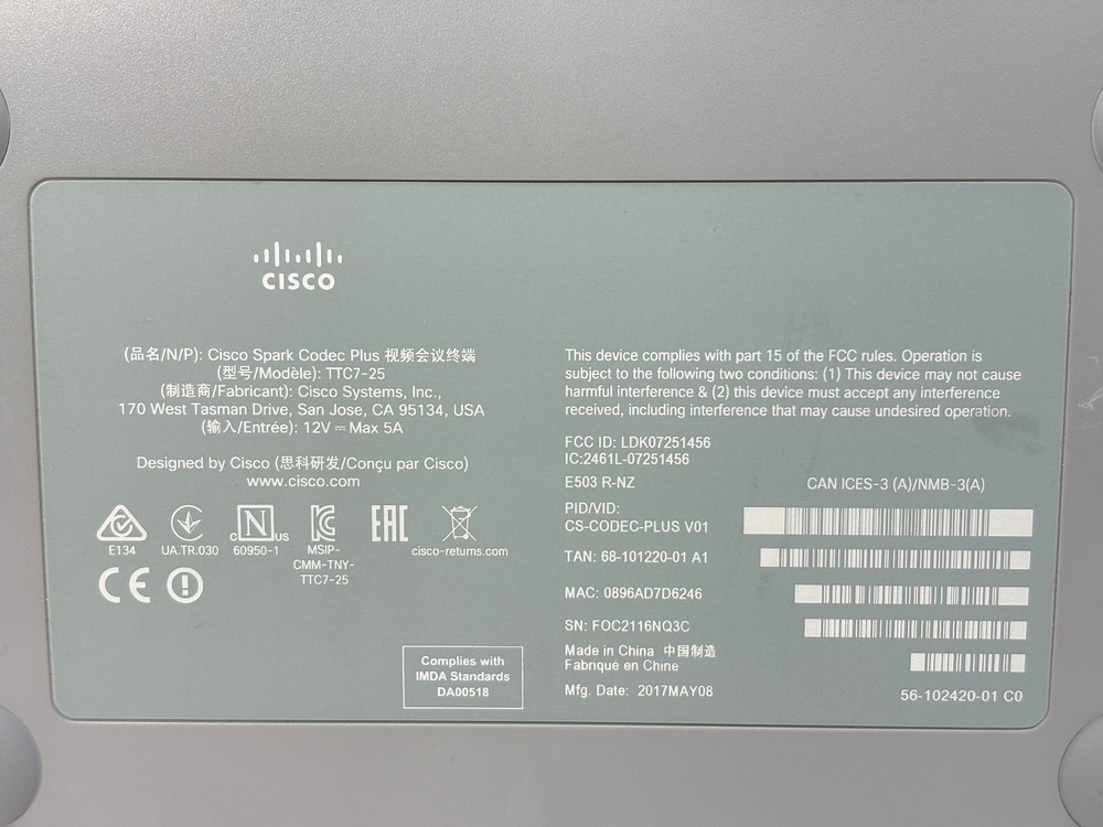 PRE OWNED | Cisco CS-CODEC-PLUS TTC7-25 Video Conference Webex Room Codec Plus