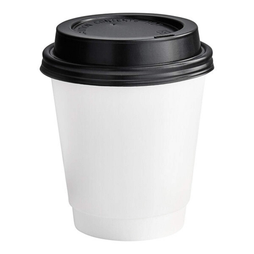 10oz White Poly Paper Hot Cups with Black Lids: 8 Pack