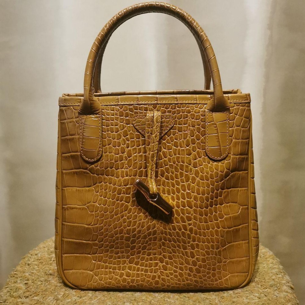 Excellent Condition LONGCHAMP Embossed Leather Square Tote Beige 07a