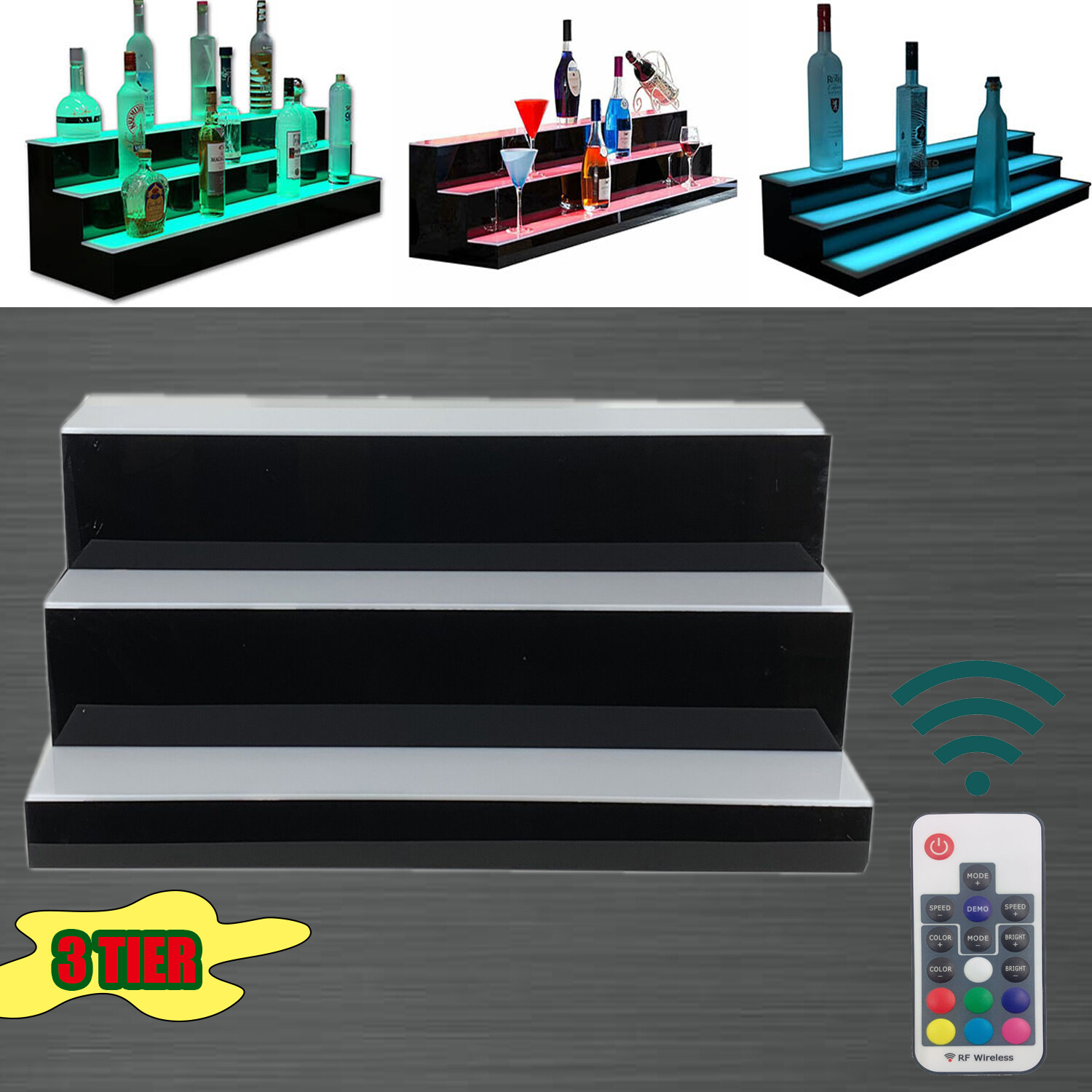 31"MultiColor LED Lighted Liquor Bottle Display 3 Tier for Home Commercial Bar
