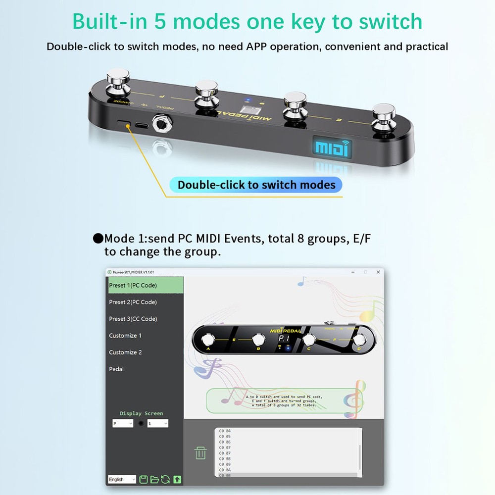 Wireless MIDI Controller Pedal 5 Modes Digital Display For Musicians VTOS